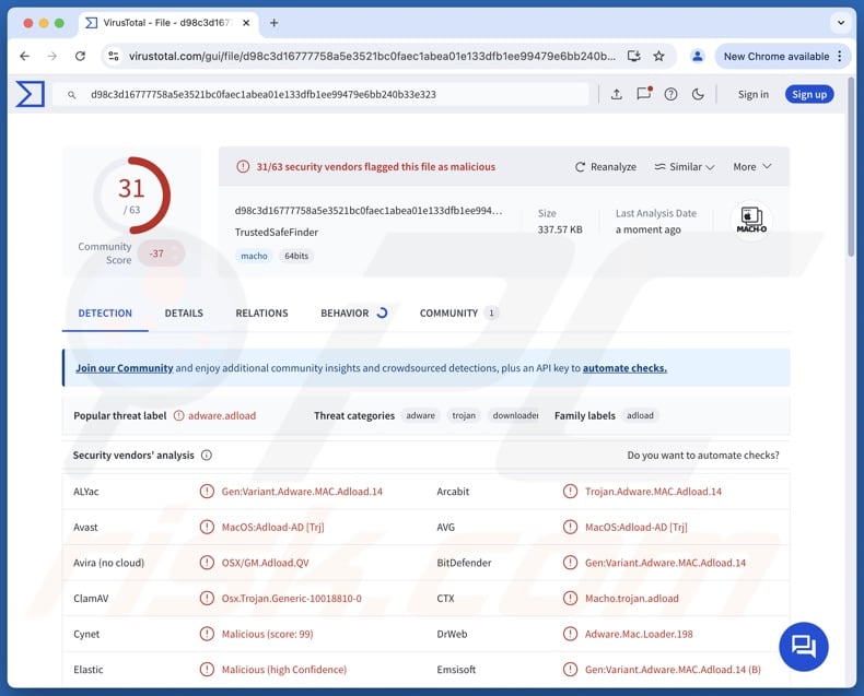 TrustedSafeFinder adware Entdeckungen auf VirusTotal