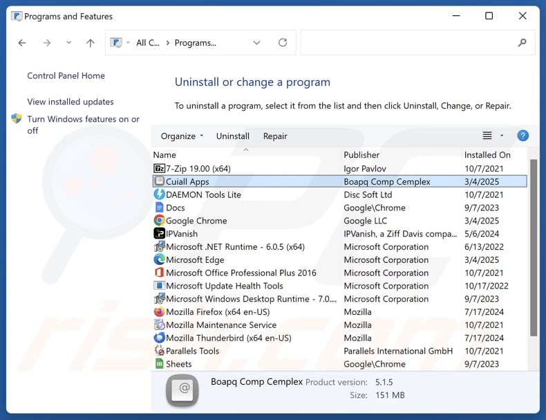 Cuiall Apps deinstallieren via Control Panel