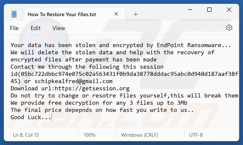 EndPoint ransomware Textdatei (How To Restore Your Files.txt)