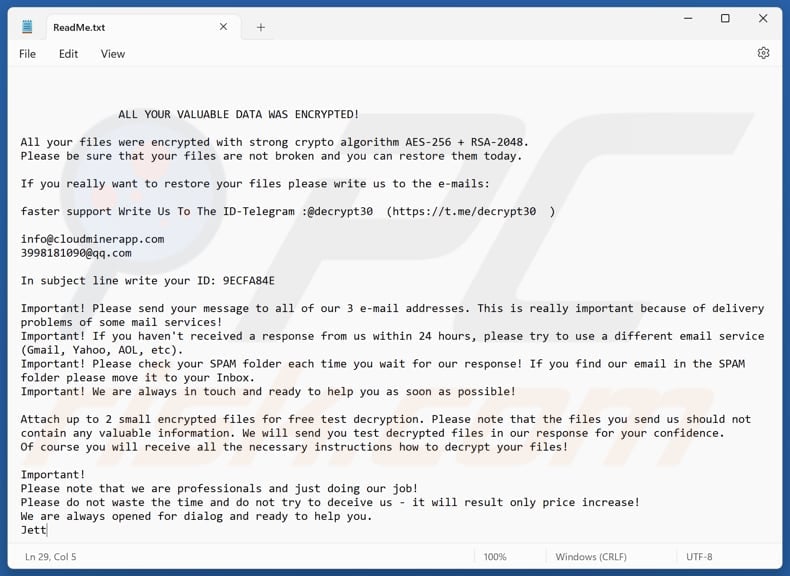 Jett ransomware Textdatei (ReadMe.txt)