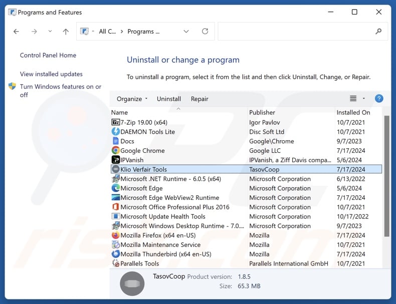 Klio Verfair Tools deinstallieren via Control Panel
