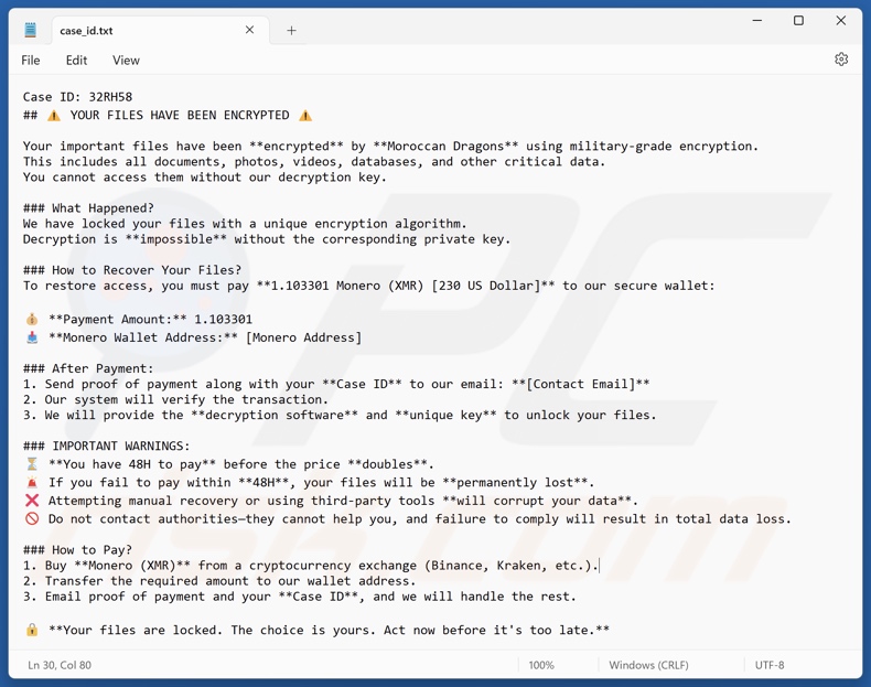 Moroccan Dragon Ransomware Erpresserbrief (case_id.txt)