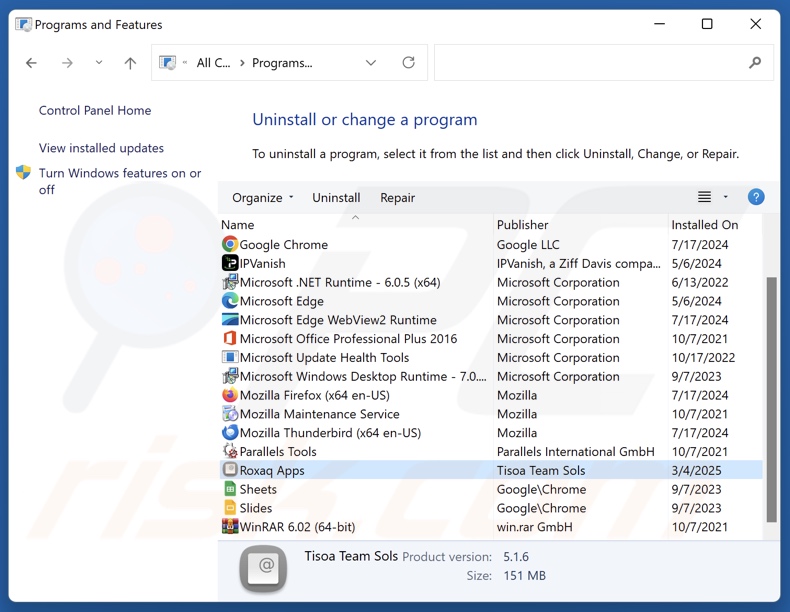 Roxaq Apps deinstallieren via Control Panel