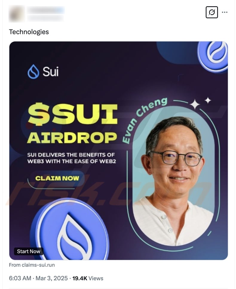 $SUI Airdrop Betrug zur Förderung von Beitrag X (Twitter)