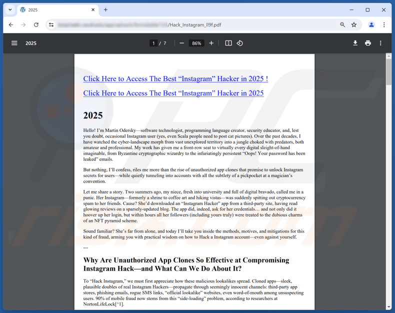 PDF-Datei zum Betrug „Instagram Account Hack” auf einer dubiosen Seite, die für den Betrug wirbt