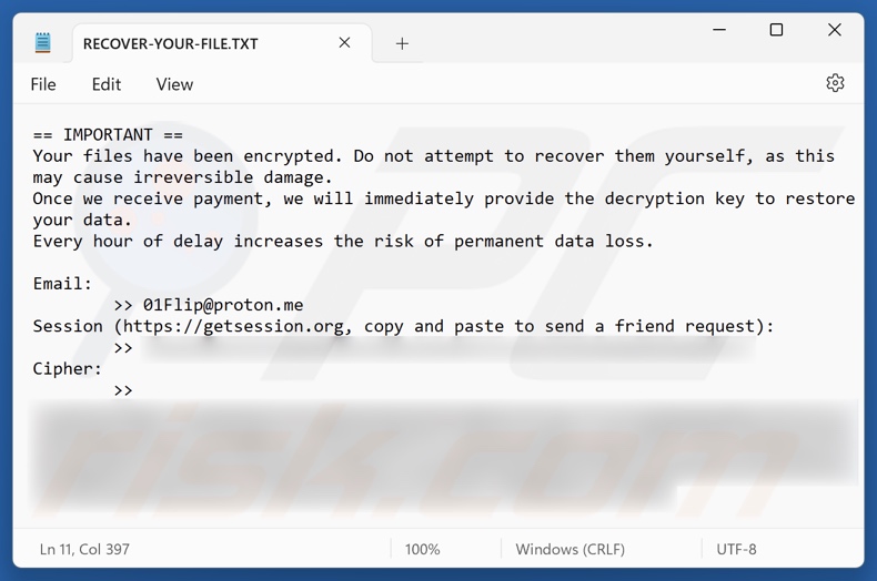 01Flip ransomware Lösegeldforderung (RECOVER-YOUR-FILE.TXT)