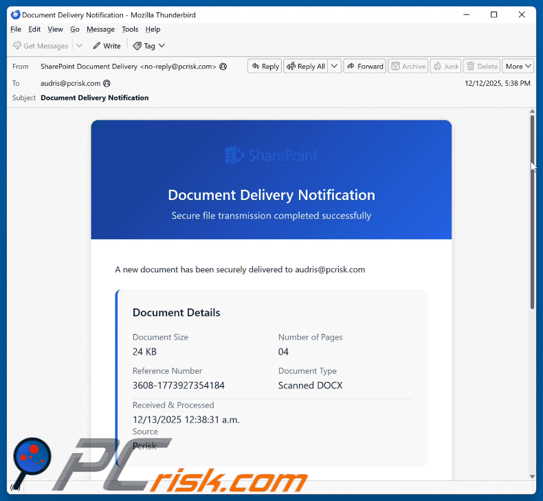 SharePoint Document Delivery Notification Aussehen einer Betrugs E-Mail (GIF)
