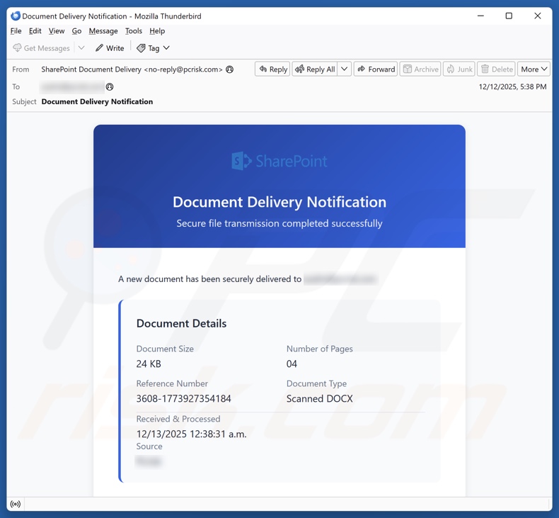 SharePoint Document Delivery Notification E-Mail Spam Kampagne