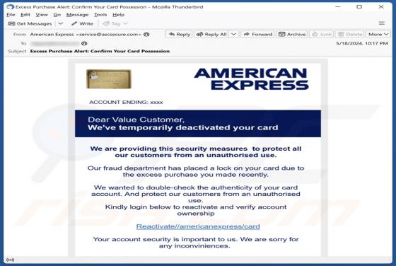 American Express Card Deactivation Email Betrug