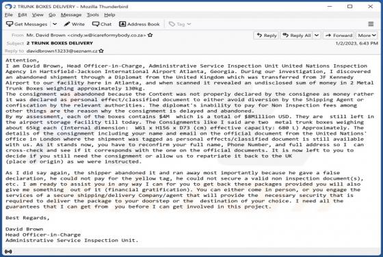 United Nations - Abandoned Shipment Email Betrug
