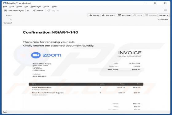 Zoom Antivirus Plus Subscription Email Betrug