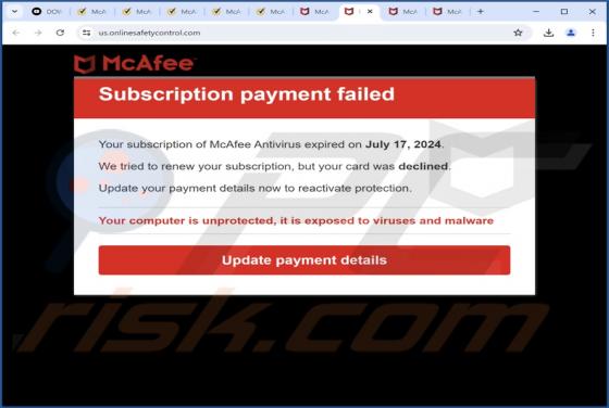 McAfee - Subscription Payment Failed POP-UP Betrug