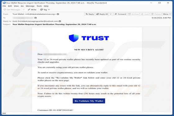 Trust Wallet - New Security Alert Email Betrug