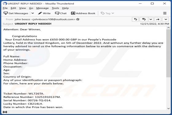 People's Postcode Lottery Email Betrug