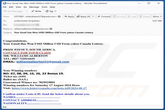 Yahoo Canada Lottery Email Betrug