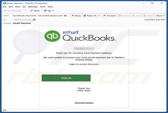 Intuit QuickBooks - Unable To Process Payment Email Betrug