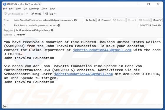 John Travolta Foundation Email Betrug