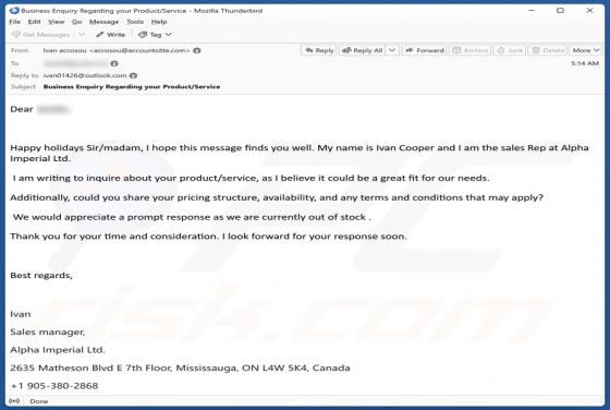 Inquire About Your Product/Service Email Betrug