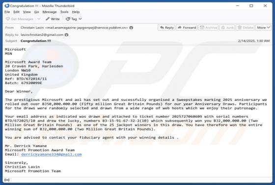 Microsoft And AOL Sweepstakes Email Betrug