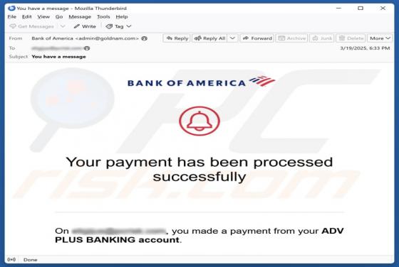Bank Of America - Payment Processed Successfully Email Betrug