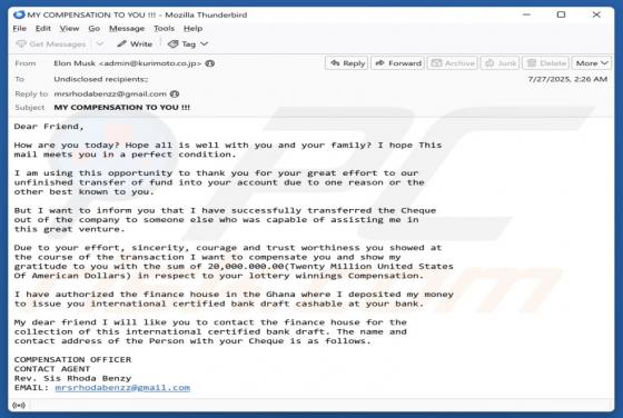Lottery Winnings Compensation Email Betrug