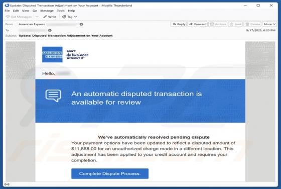 American Express - Disputed Transaction Email Betrug
