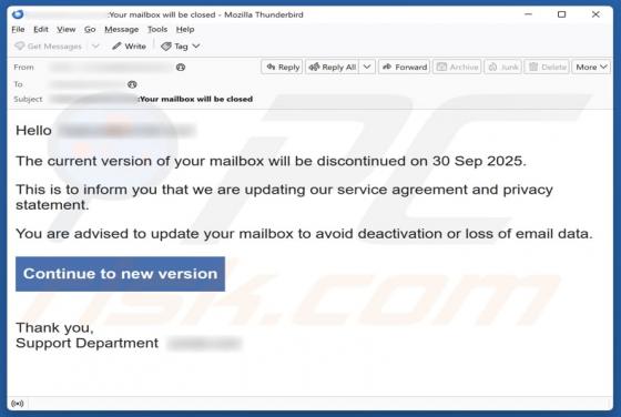 Version Of Your Mailbox Will Be Discontinued Email Betrug