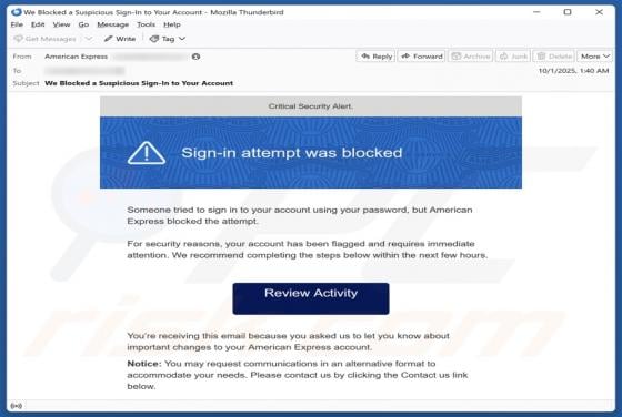 American Express - Sign-in Attempt Was Blocked Email Betrug