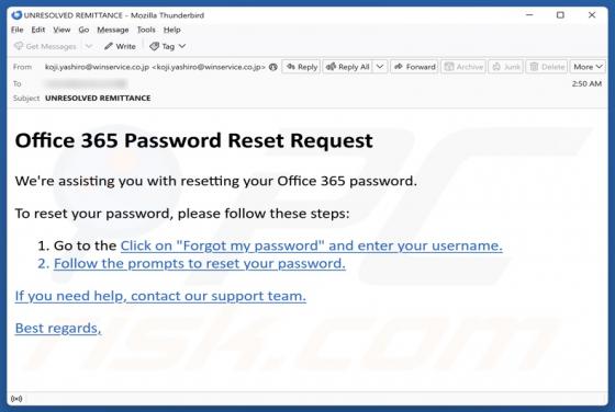 Office 365 Password Reset Request Email Betrug