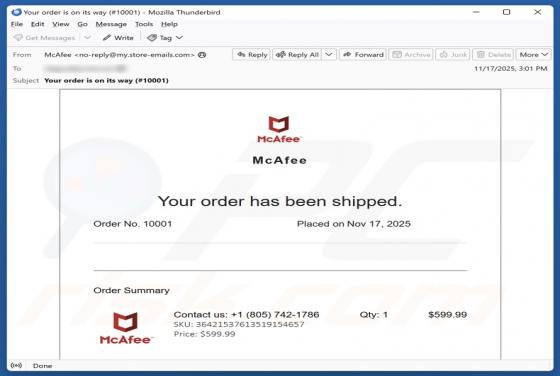 McAfee - Your Order Has Been Shipped Email Betrug