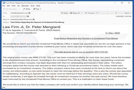 Unclaimed Prize Money Email Betrug