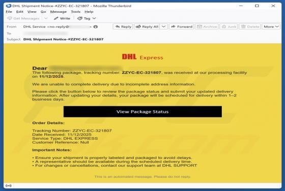 DHL Express - Incomplete Address Information Email Betrug