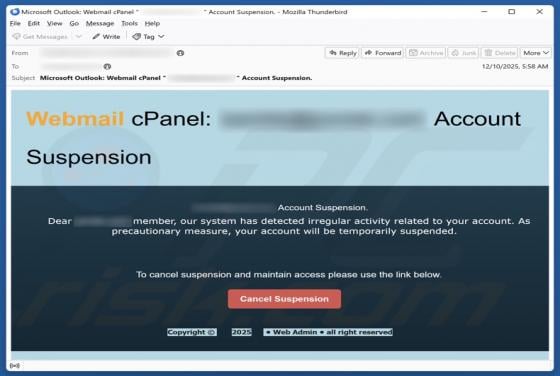 cPanel Account Suspension Email Betrug