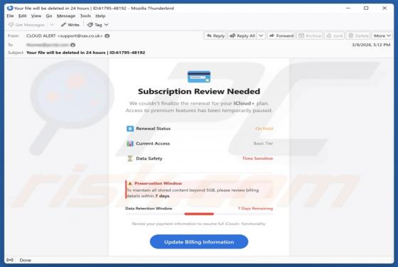 iCloud Subscription Review Needed Email Betrug