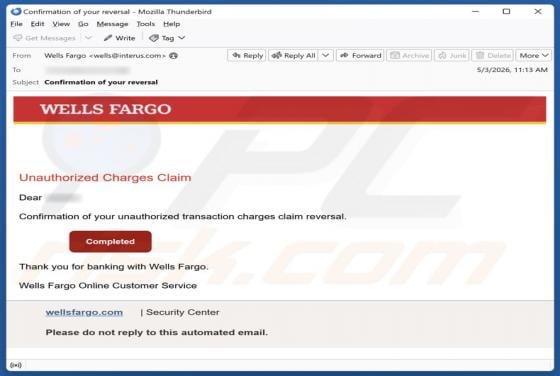 Wells Fargo - Unauthorized Charges E-Mail-Betrug