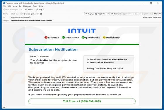 Intuit QuickBooks Subscription Is Due For Renewal E-Mail-Betrug