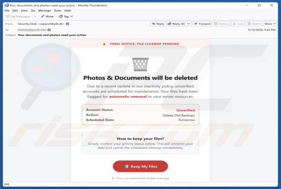 Photos & Documents Will Be Deleted E-Mail-Betrug