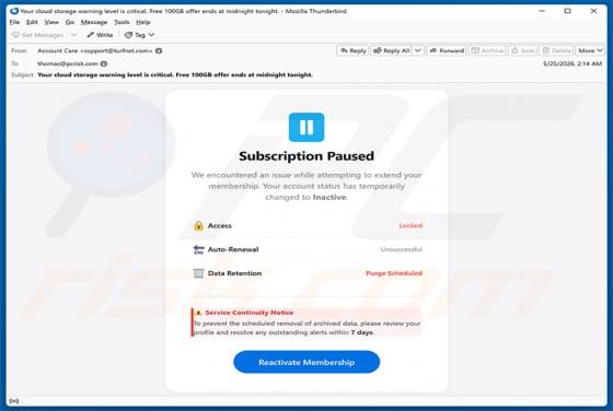 Cloud Subscription Paused E-Mail-Betrug