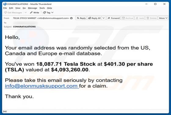 You've Won Tesla Stock E-Mail-Betrug