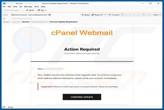 cPanel Final Account Upgrade State E-Mail-Betrug