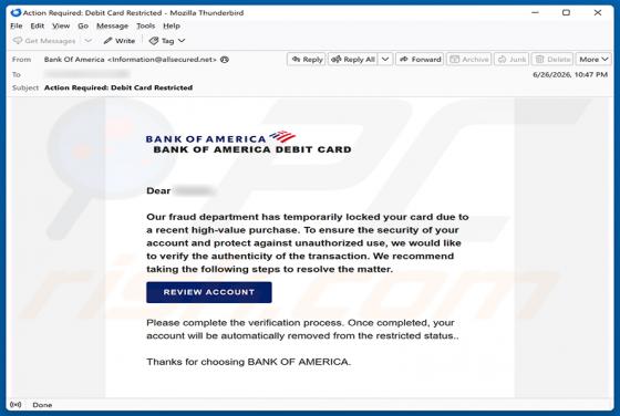 Bank Of America Card Locked E-Mail-Betrug