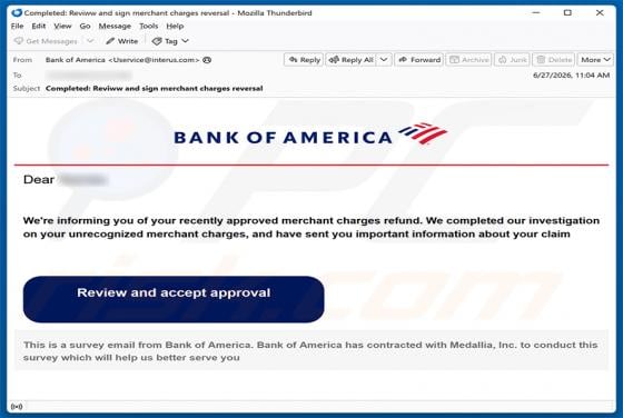 Bank Of America - Merchant Charges Refund E-Mail-Betrug