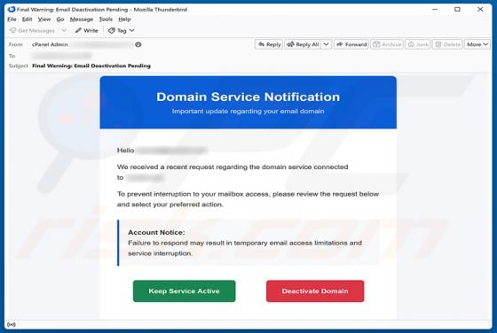 Domain Service Deactivation E-Mail-Betrug