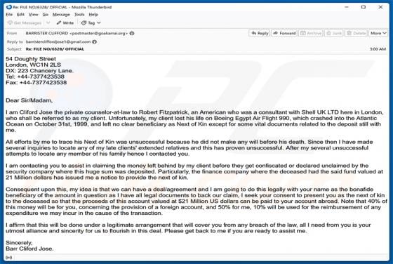 Assistance In Claiming The Money E-Mail-Betrug
