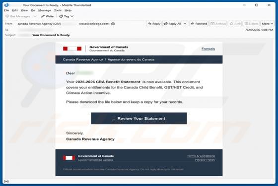 Canada Revenue Agency (CRA) Benefit Statement E-Mail-Betrug