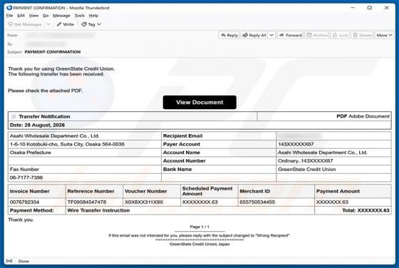 GreenState Credit Union Transfer Received E-Mail-Betrug
