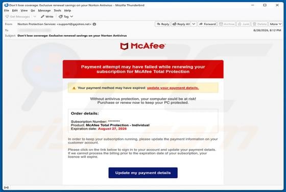 McAfee - Payment Method Expired E-Mail-Betrug