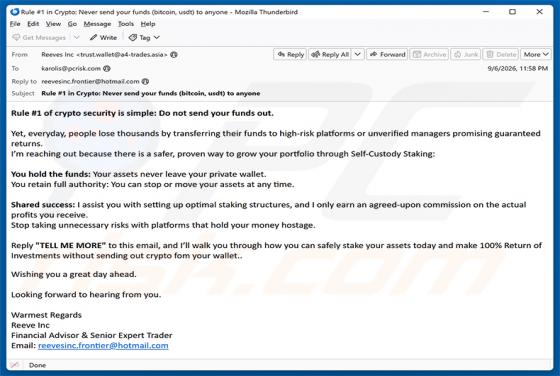 Self-Custody Crypto Staking E-Mail-Betrug