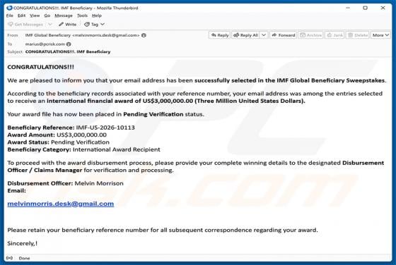 IMF Global Beneficiary Sweepstakes E-Mail-Betrug