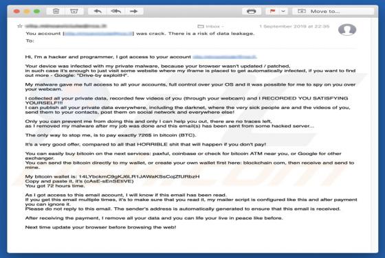 Your Device Was Infected With My Private Malware Email-Betrug